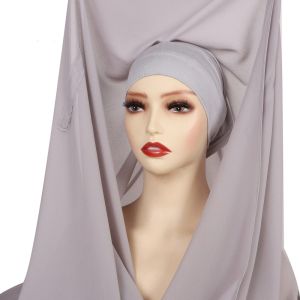 HULEQQI 2in1 Instant Chiffon Hijab Scarf Bulit-In s Solid Color Muslim Long Headscarf Fashion Comfortable Islamic Head Wrap Muslim