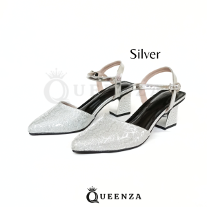 Queenza Aria Heels Wanita Mules Tinggi 5 Cm Bahan Gliter Burkat Sandal Pesta Selop Pengantin