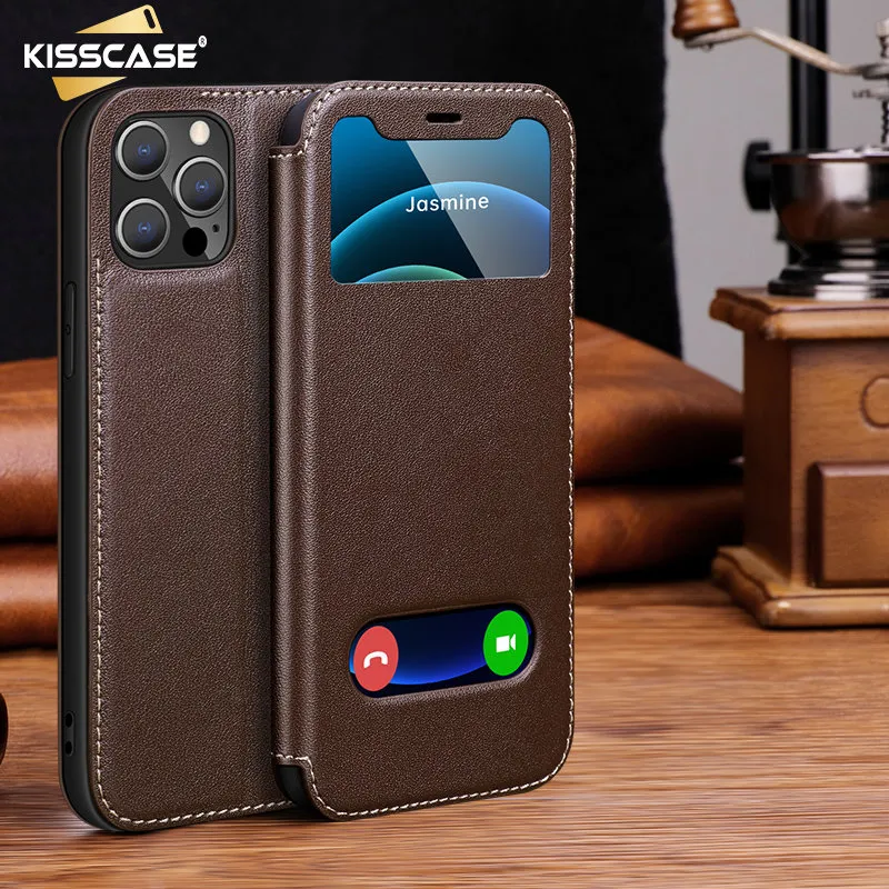 KISSCASE Genuine Leather Smart Window View Shell For iPhone15 Pro