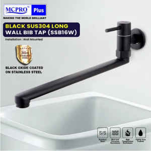 MCPRO Plus Black Oxide Coated On Stainless Steel SUS 304 Bathroom Faucet BLACK LONG WALL BIB TAP (SSB16W)