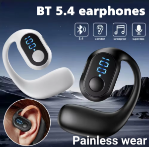 Bone Conduction Digital Display Bluetooth Headphones BT5.4 With Microphone Single Ear Hook Headsets Surround Sound Earbuds