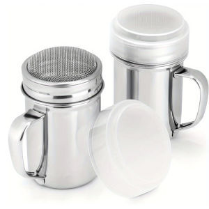2pcs Stainless Steel Powdered Sugar Shakers with Handle Fine Mesh Shaker Powder Cans with Lid Spice Salt Sugar Pepper Jar Set