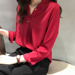 M-4XL Korean Style Chiffon Plain Shirt For Women Casual V-neck Long Sleeve Blouse Top Tops