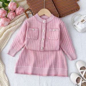 Bear Leader Baby Clothing Suits Fashion Houndstooth Girl Clothes Winter Long Sleeved Single Breasted Pocket Knit Top + Skirt 2-piece Sets