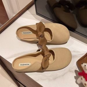 Free Shipping Trendy Summer Bow-Knot Slippers New Style WomenS Slip-On Flats Easy-To-Wear Closed-Toe Half-Slipper Design Suitable For Outdoor Wear