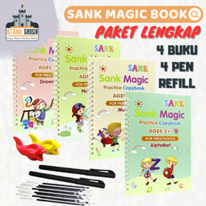 PAKET 4 PCS - Sank Magic Book 1 SET ISI 4 BUKU + PULPEN / Buku Ajaib Latihan Menulis Menggambar Tinta Bisa Hilang Otomatis