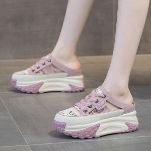 2025Womens Dad Shoes Half Slippers Summer 2024 New Leather Retro Thick Bottom Heightening Lazy Person Cool Slippers Casual Style Hollow out Design09/08