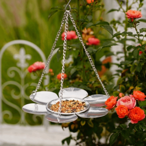 OUTOPEN Large Capacity Hanging Bird Feeder Metal Tray Flower Shaped Parrot Feeding Station Bird Food Container Durable Bird Suspended Bath Garden Decoration