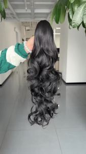 24" Claw Clip in Ponytail Extensions Long Black Curly Wavy Ponytail Hair Long Curly Wavy Jaw Clip on Pony Tails Hairpiece for Women Daily Party Use