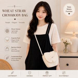 Women Straw Woven Crossbody Bag Summer Beach Shoulder Bag Pearl Button Casual Mini Sling Bag