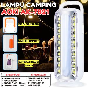Aoki Lampu Emergency LED 35 SMD / Lampu Darurat AK-7821baterai lithium 35SMD 20JAM USB-C baterai dapat diganti tube tahan lama