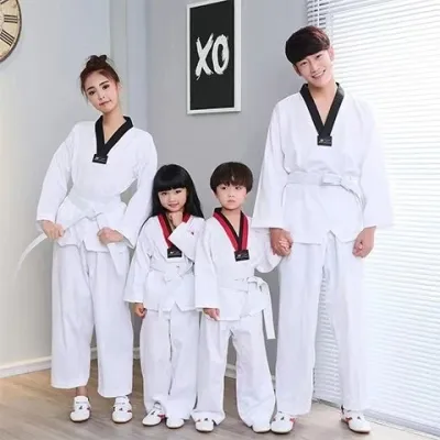 Taekwondo V-Neck White TKD Uniform Dobok With White Belt For Adult and Kids