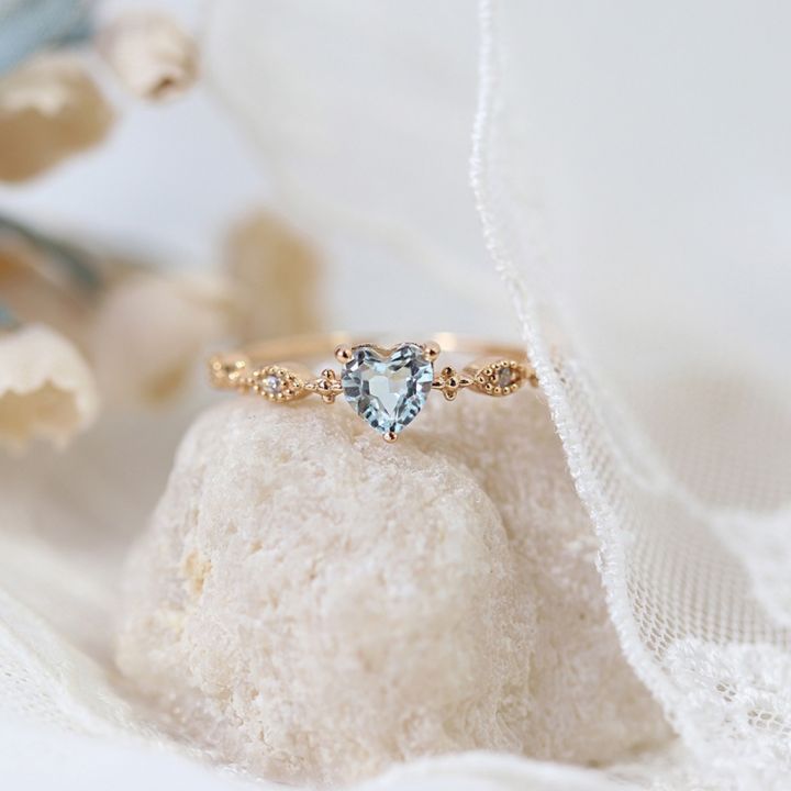 Korean Simple Elegant Heart Shape Aquamarine Zircon Crystal Gold