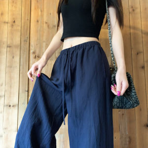 COD navy blue linen wide-leg pants womens summer thin lazy slack feeling old money wind sun protection cotton and linen straight pants 2026 new