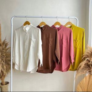 Blus Wanita Polos Cringkle Lengan Panjang Motif Polos Warna Cerah