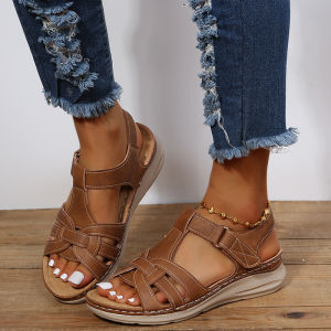 [Free Shipping] 2026 Summer Vintage Sandals with Stitching Lightweight Soft Sole Large Size Round Toe Wedge Heel Velcro Sandals for Women