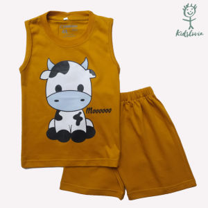 Setelan Kaos Kutung / Singlet Anak Bahan Katun untuk Anak Usia 1-6 Tahun hewan Sapi Coklat