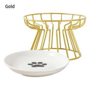 5.9inch Dia Ceramic Pets Bowl Plate With Iron Stand Rack Dogs Cats  Feeder for Food Drinking