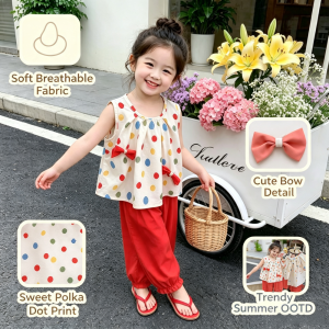 AILEBE Kids Sets Terno Korean Style Polka Dot Sleeveless Top Shorts Set Cute 3D Detail Soft Breathable Summer Casual Wear Trendy OOTD Pambahay For Girls 1-10 Years