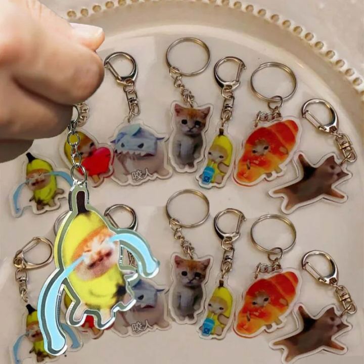 6PCS Funny Banana Cat Keychain Metal Meme Keychain Girl Students Happy