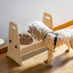 Adjustable Elevated Dog Bowls Bamboo Pet Feeder Raised Cat Dog Food Water Station with 2 Stainless Steel Bowls