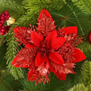 【Free Clips】5Pcs 14cm Glitter Artificial Christmas Flowers Xmas Tree Ornaments Merry Christmas Decorations for Home New Year Gift