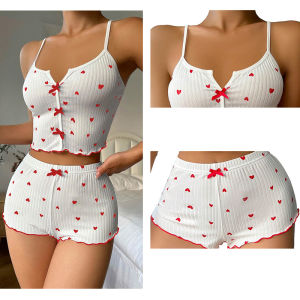 Sleepwear Womens Pajamas Set Heart Pajamas Heart Print Soft Ribbed with Flirty Frill Trim Casual Top and Shorts Sets Loungewear