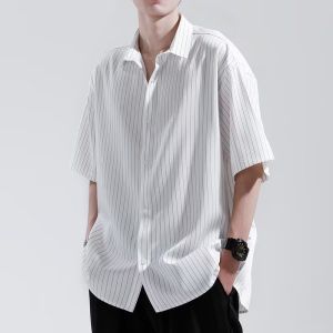 Korean Yarn-dyed striped fabric Short sleeves Shirts Business Casual Loose Lapel Tops