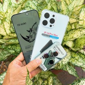 Combo cường lực Chống Nhìn Trộm tê giác + ốp lưng + mắt camera 11 12 13 14 15 pro max