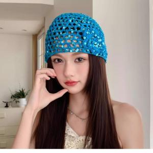 YINGRAN2 Retro thanh lịch sequined hoa rỗng Áo Thun Mũ Phụ nữ mùa hè mùa thu du lịch ảnh bầu không khí đa năng giản dị Y2K dệt Beanies