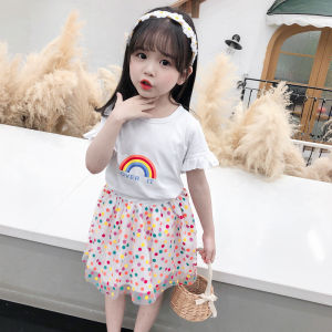 2-6 Years Summer Children Girls Clothes Set Rainbow Print T-Shirt + Polka Dot Skirts