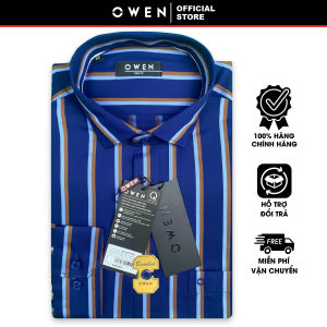 OWEN SALE - Áo Sơ Mi Owen Tay Dài Màu Sọc Nâu - Nền Xanh Navy  Họa Tiết Sọc Dọc Form Slim Fit Lai Bầu Chính Hãng