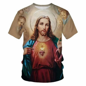 Jesus 3D Printed T-shirt Mens Clothing Round Neck Short Sleeves T Shirts Street Wear Christian Summer Casual Fashion Tops Tees