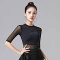 Black Latin Dance Short-sleeve Shirt Sexy Mesh Tops Women Professional Practice Clothes Female Ballroom Modern Dance Costumes. 