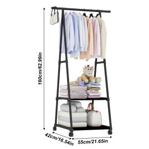 Rolling Metal Garment Rack with 2‑Tier Storage Shelf Heavy Duty Clothes Hanging Rack with Lockable Wheels Portable Clothing Organizer for Bedroom Living Room
