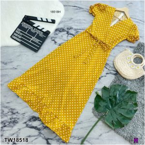 AK 18518 Dress เดรสยาว แขนพอง คอวี