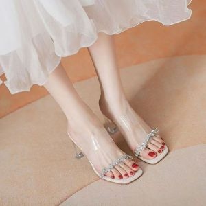 [Free Shipping] WomenS Summer 2026 New Style Rhinestone Crystal Transparent High-Heeled Sandals With A Single-Strap Design And Chunky Heels