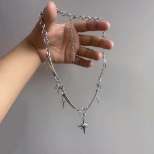 LETIGO Silver Color Choker Necklace Metal Splicing Cross Star Design Pendant Necklace Trendy Y2K Style Jewelry Accessor for Men and Women