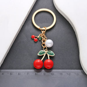Sweet Red Cherry Keychain Faux Pearl Metal Leaf Keyring Women Girls Handbag Pendant Gift