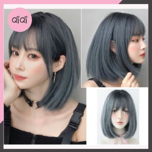 Tóc giả nguyên đầu CAO CẤP tóc vic ngắn xanh khói xu hướng 2021 Qiqishop – tặng lưới tóc