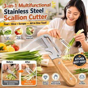3-in-1 Multifunctional Stainless Steel Onion Cutter / Serrated Peeler Scallion Slicer / Stainless Steel Onion Scraper / Kitchen Fruit Peeler / Melon Peeler / Sugarcane Knife 多功能不锈钢切葱器