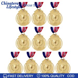 10Pcs Gold/Silver/Bronze Medal Sports Rewards with Neck Ribbon Students Rewards 5cm Competition Prize Medals Trophy Pattern for Marathon Ball Games