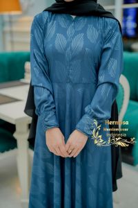 Gamis hermosa motif daun warna tosca-pakaian muslimah syari umbrella 4 meter-gamis tosca premium