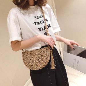 Women Bali Rattan Beach Sling Bag Straw Girl Semicircle Rattan Tassel Shoulder