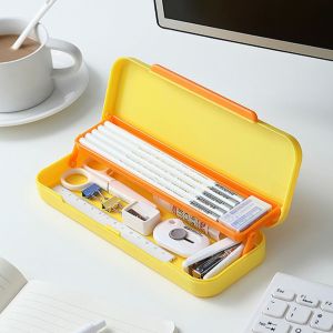 AQBCM Simple Plastic Storage Sorting Multifunctional Student Stationery Office School Pencil Case Box Storage Box Double Layer Pen Case Stationery Organizer