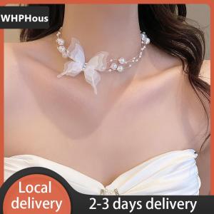 [COD] WHPHous Ship within 24 hours White Butterfly Pearl Choker Necklace For Women Sweet Imitation Pearl Clavicle Chain Neck Necklace Wedding Jewelry Gift