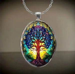 Oval Shaped Glass Pendant Necklace with Tree of Life Pattern Full of Vitality