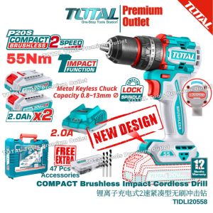 TOTAL Tools 55Nm BL Motor Compact Cordless Impact Drill Metal drill chuck ∅13mm. w/47pcs accessories 锂离子充电无刷冲击钻 - TIDLI20558