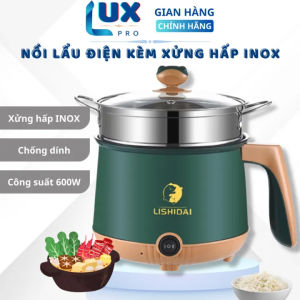 Nồi Điện Mini 2 Tầng Đa Năng dành cho 1-2 người ăn công suất 600W cách nhiệt chống dính - Ca Nấu Mì Đa Chức Năng Hấp Nướng Luộc