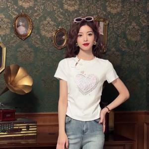 Ammin2024 Áo thun cotton nguyên chất Xếp Li Thắt lưng thời trang cổ tròn khóa đĩa Cổ Điển Mùa Hè Áo Blouse thanh lịch giản dị ngắn tay in họa tiết hình trái tim cho nữ